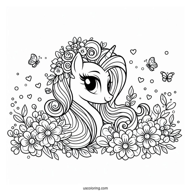 Rarity Coloring Page Covered In Flowers For Kids