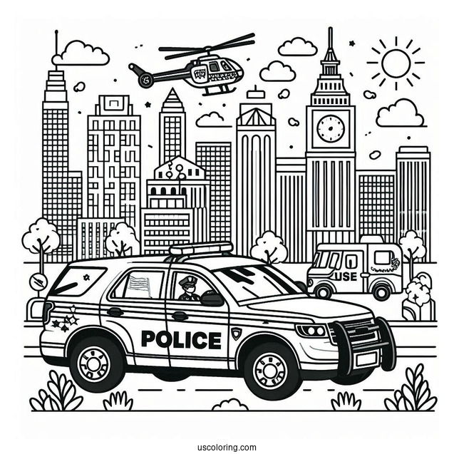Police Car Coloring Page And Helicopter In The City