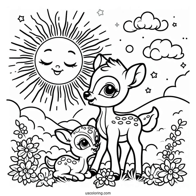 Simple Coloring Sheet Of Bambi And Mother Under The Sun