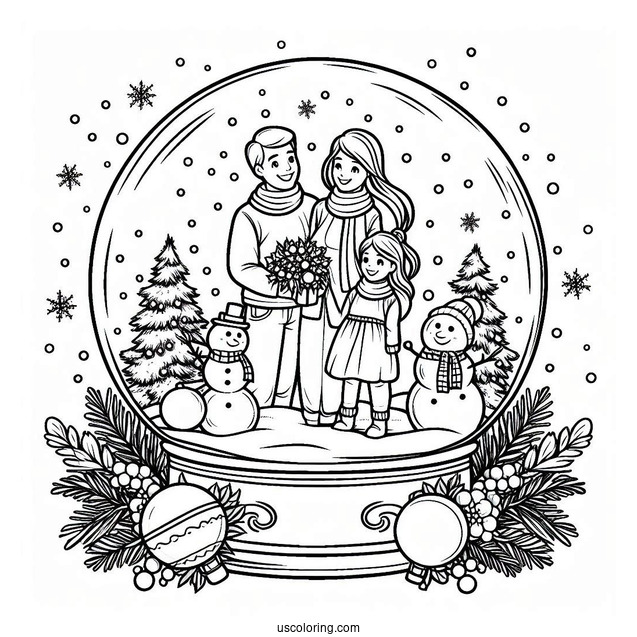 Family Celebrating Christmas Snow Globe Coloring Page