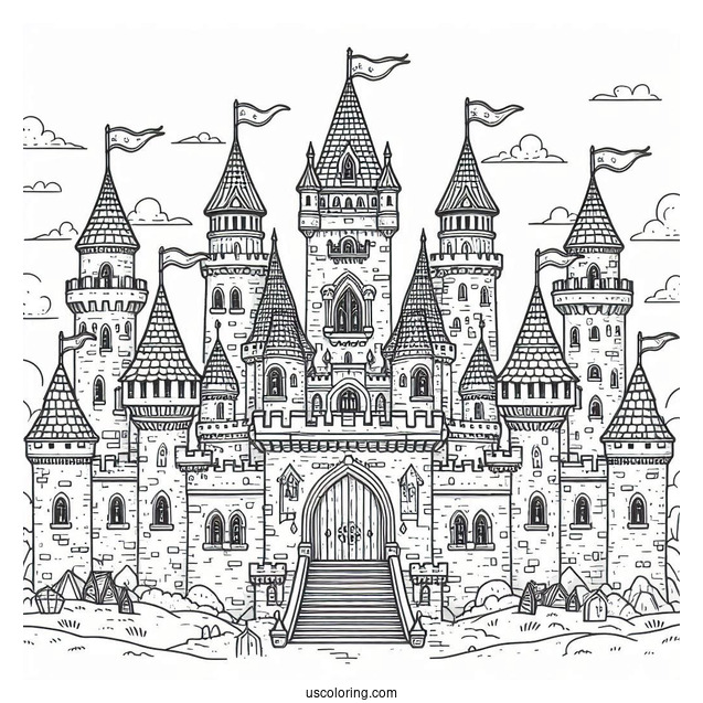 Fantasy Castle Coloring Page With Flags And Numerous Towers