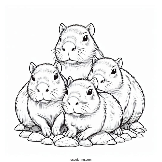 Three Capybara Coloring Page Piled On Top Of Each Other For Preschoolers