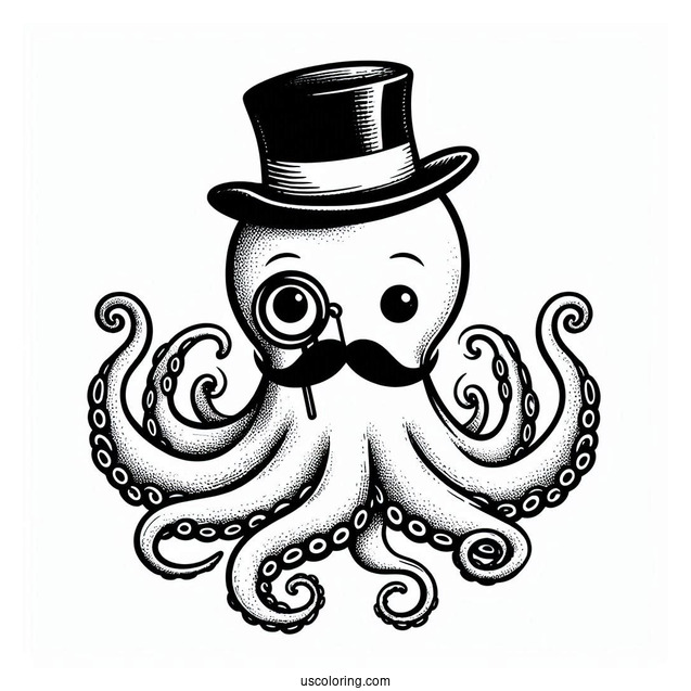 Octopus Coloring Page With Monocle And Top Hat