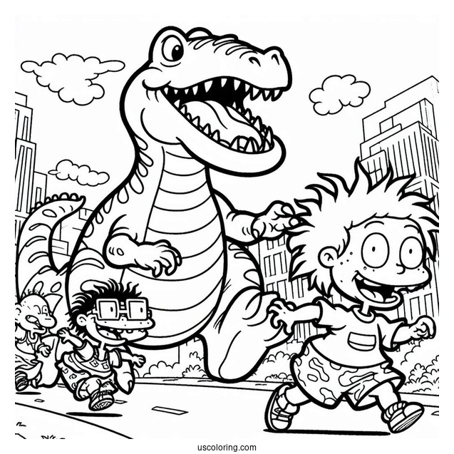 Rugrats Coloring Page Of Reptar Chasing Chuckie And Tommy Rugrats For Kids