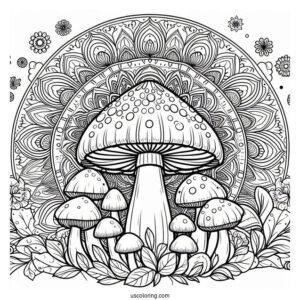 Mushroom Coloring Page In Front Of A Mandala