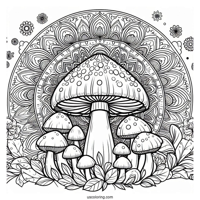 Mushroom Coloring Page In Front Of A Mandala