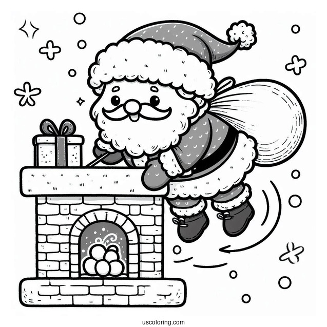 Coloring Page Of a Cute Santa Going Down a Chimney