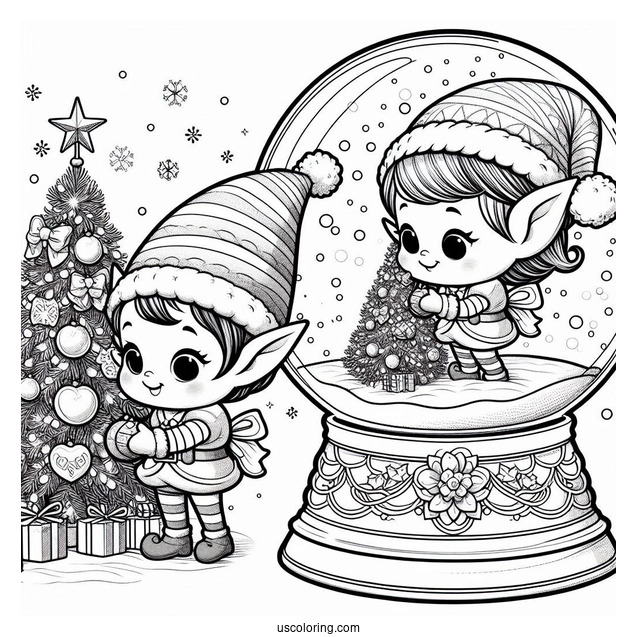 Cute Elves Decorating A Christmas Tree Snow Globe Coloring Page