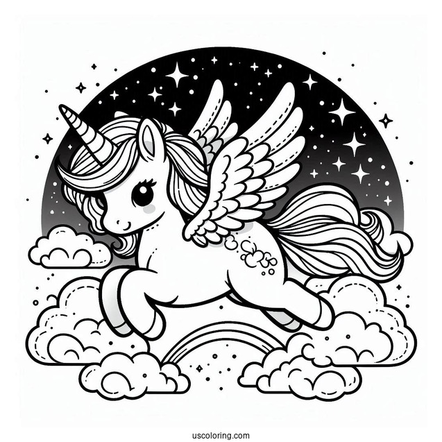 Cute Pegasus Coloring Page In the Night Sky For Kids