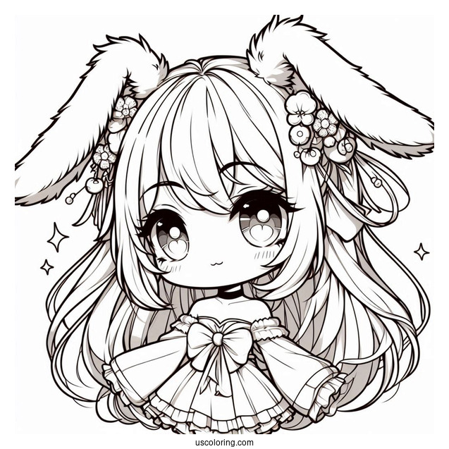 Chibi Girl With Furry Rabbit Ears Coloring Page
