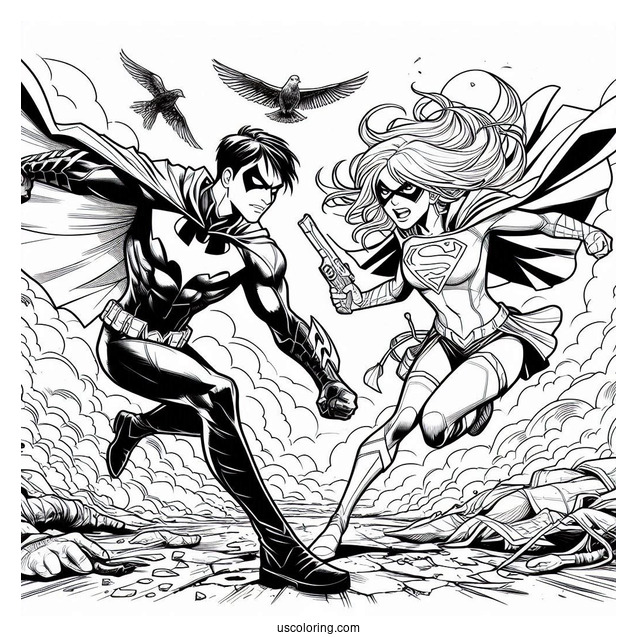 Nightwing And Supergirl Coloring Page Fighting Bad Guys