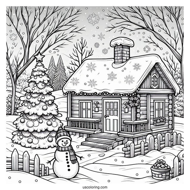 Christmas Coloring Pages For Adults Of Realistic Cabin In Winter With Snowman Outside Coloring Sheet