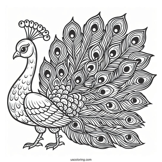 Cartoon Peacock Coloring Page Showing Off Fancy Tail Feathers For Kids