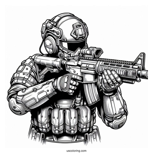 Detailed Futuristic Soldier Coloring Page Holding Weapon