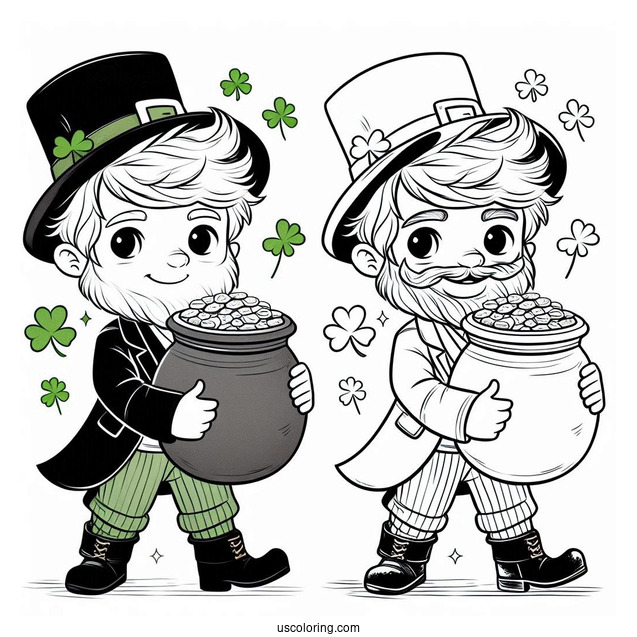 St. Patrick's Day Coloring Page Of Leprechaun Holding A Pot Of Gold For Kids