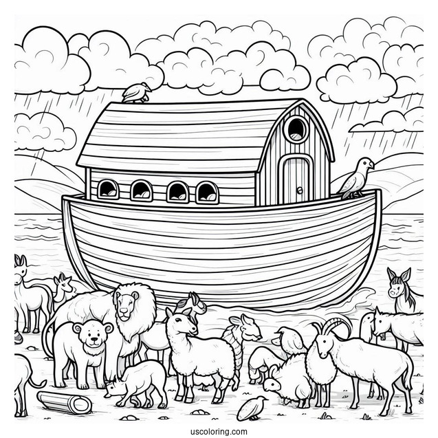 Noah's Ark Coloring Page With The Animals Outside The Ark