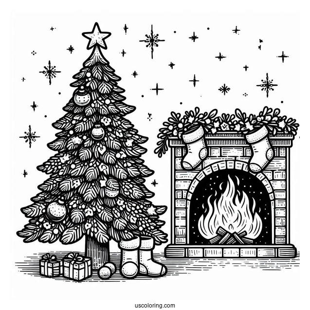 Christmas Tree With Star Next To Fire Place