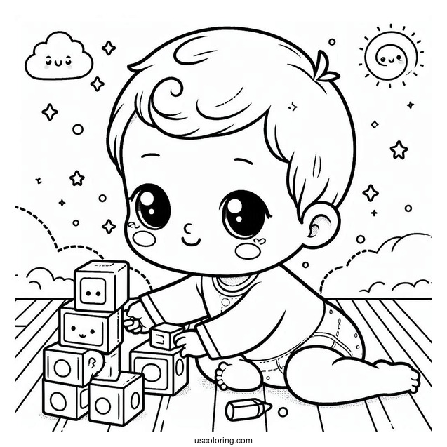 Cute Baby Coloring Page Playing With Blocks For Kids