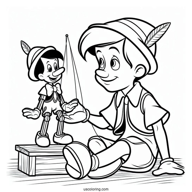 Figaro Playing With Puppet Pinocchio Coloring Page In Workshop