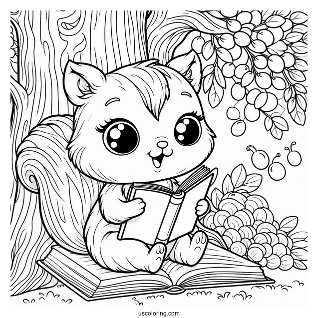 Cute Squirrel Coloring Page Reading Book On Top Of Tree