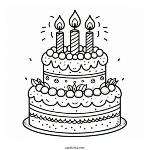 Cute Cartoon Birthday Cake With Candles On Top Coloring Sheet