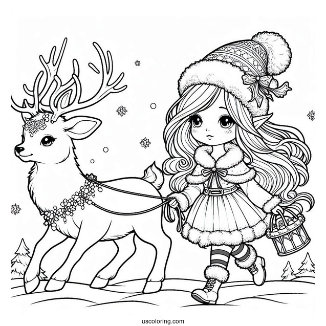Elf Leading A Reindeer In The North Pole Coloring Page For Kids
