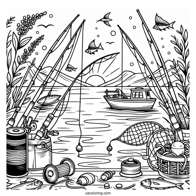 Gone Fishing Coloring Page With Bait, Rods, Nets, And Boat