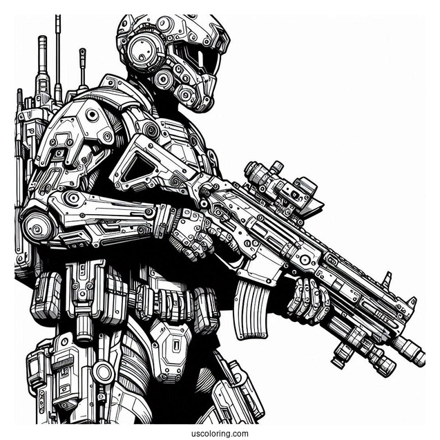 Futuristic Soldier Coloring Page Outline