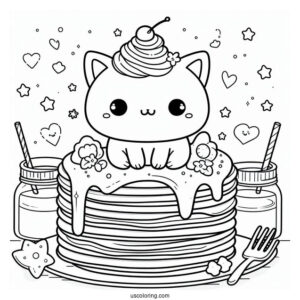 Cartoon Cat Pancake Coloring Page Tower On A Plate