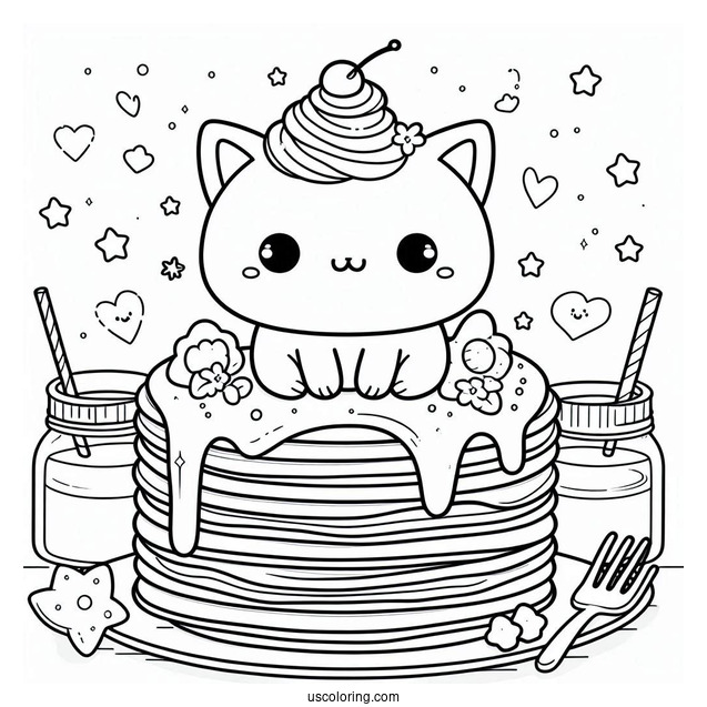 Cartoon Cat Pancake Coloring Page Tower On A Plate