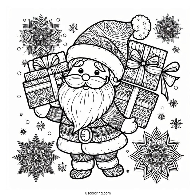 Santa Claus Carrying Presents Christmas Mandala Coloring Page For Kids