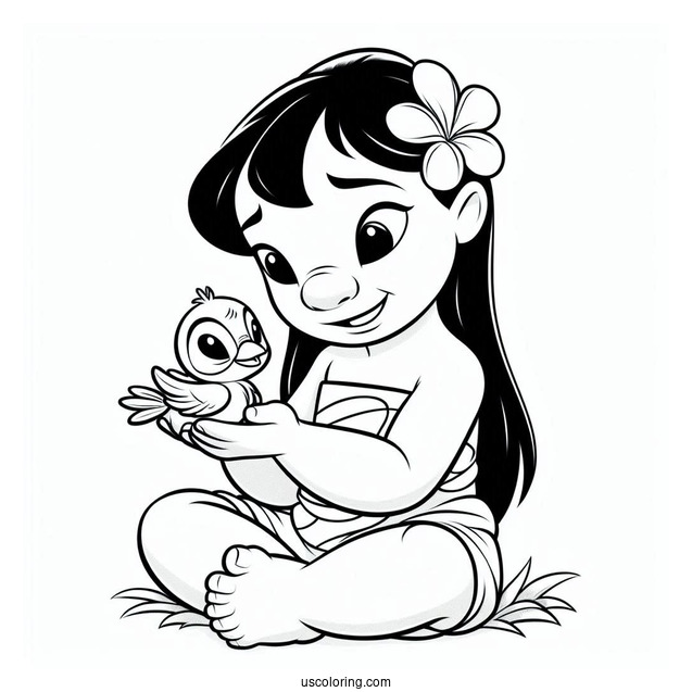 Lilo Holding a Baby Bird Coloring Page