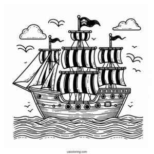 Cute Pirate Ship Coloring Page With Striped Sails At Sea