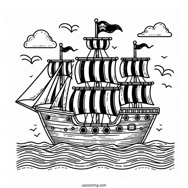 Cute Pirate Ship Coloring Page With Striped Sails At Sea