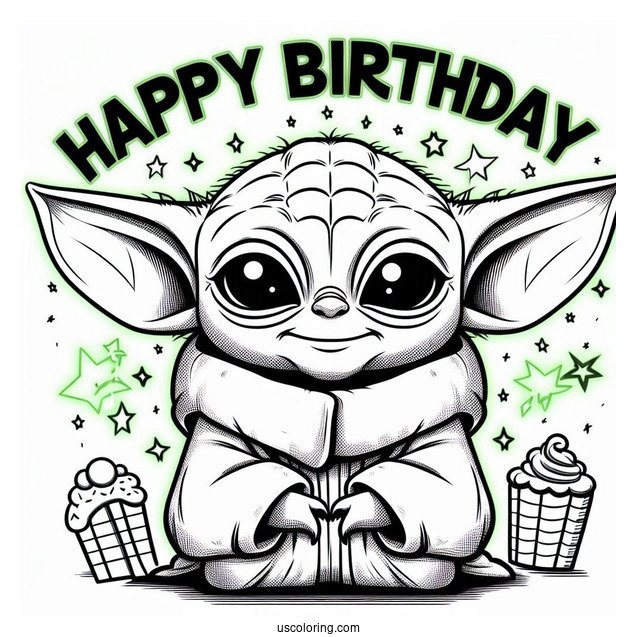 Happy Birthday Baby Yoda Coloring Page