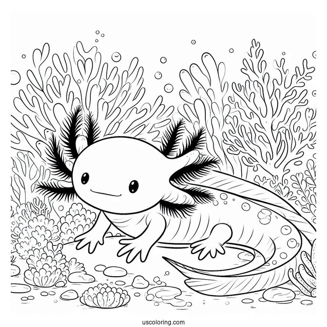 Swimming Axolotl Coloring Page Surrounded By Corals