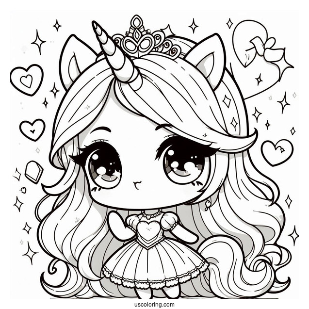 Chibi Unicorn Princess With Love Hearts And Sparkles Coloring Page