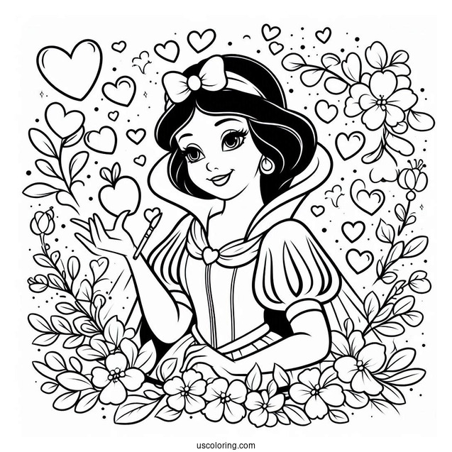 Stunning Snow White Coloring Pages With Love Hearts For Kids