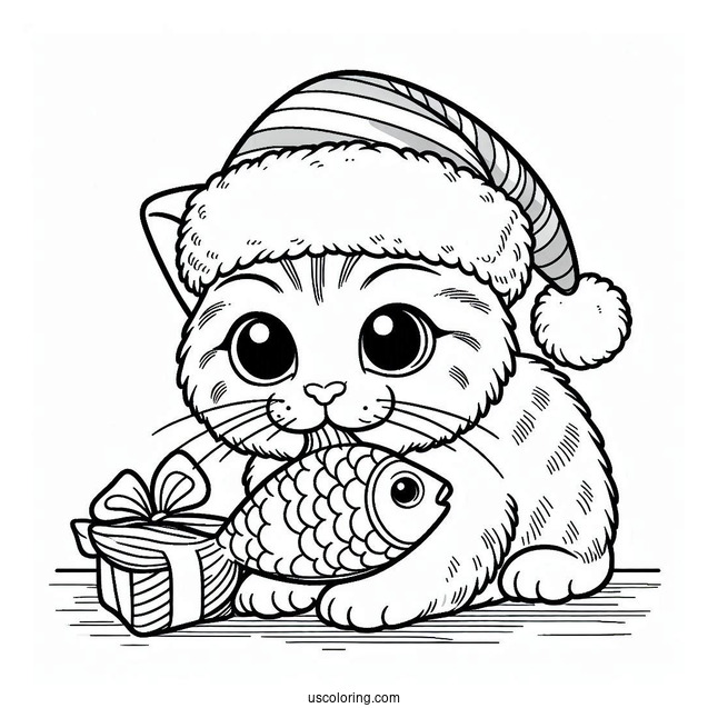 Cat Eating Fish Treat On Christmas Day Coloring Page