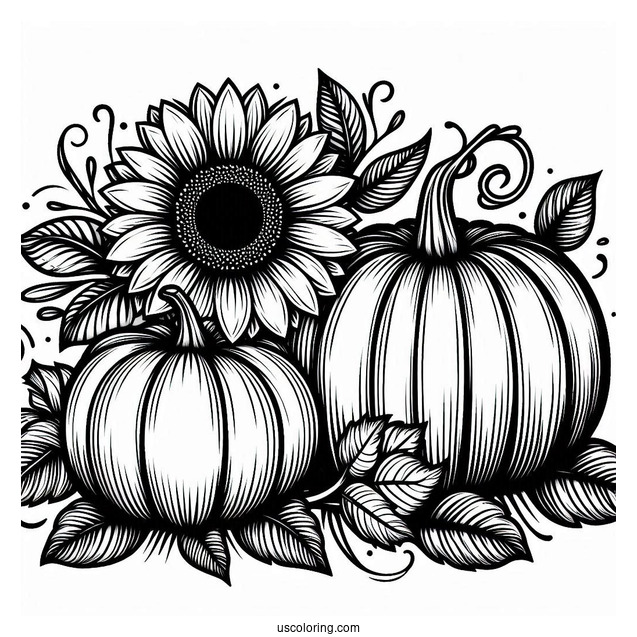 Two Large Pumpkin Coloring Page With Sunflower And Leaves
