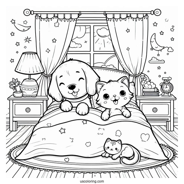 Bedroom Coloring Page Of Dog And Cat Resting On A Bed For Kids