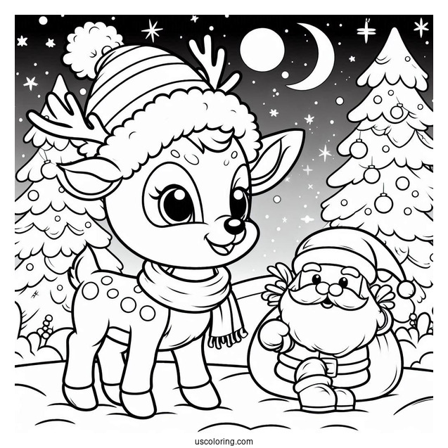 Cartoon Rudolph Coloring Page With Santa Claus In The Snow