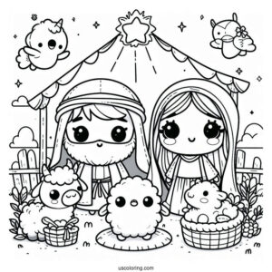 Kawaii Nativity Coloring Page With Animals Surrounding Joseph, Mary, And Jesus For Kids