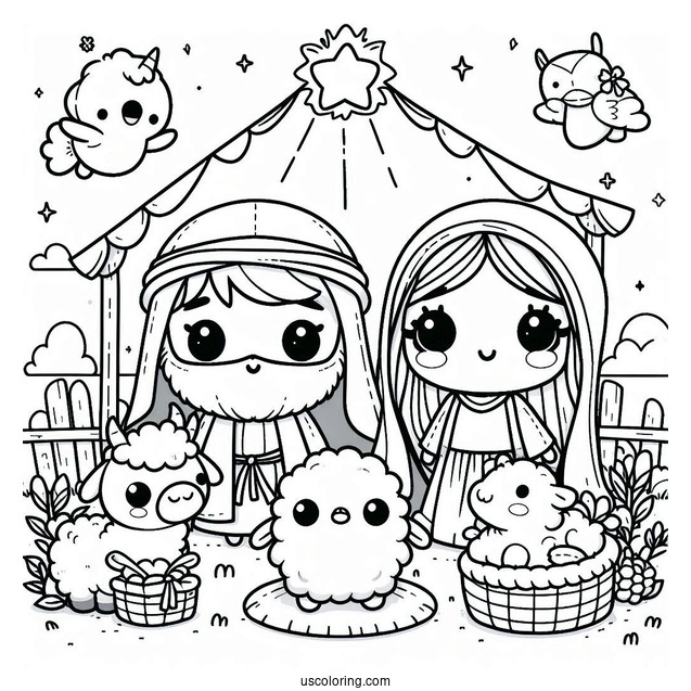 Kawaii Nativity Coloring Page With Animals Surrounding Joseph, Mary, And Jesus For Kids