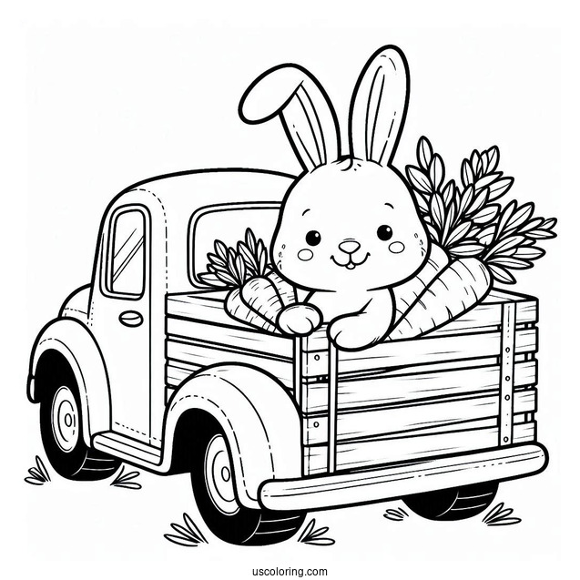 Easter Bunny Coloring Page At The Back Of Pick Up Truck With Carrots