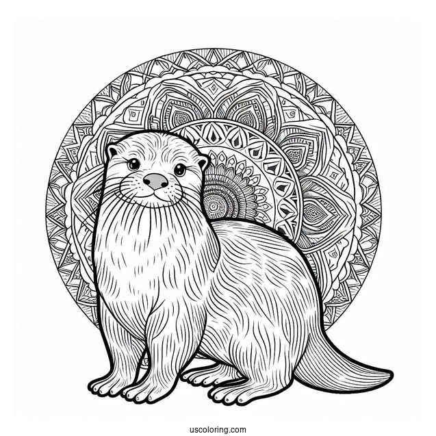 Adult Otter Coloring Page Standing In Front Of Mandala