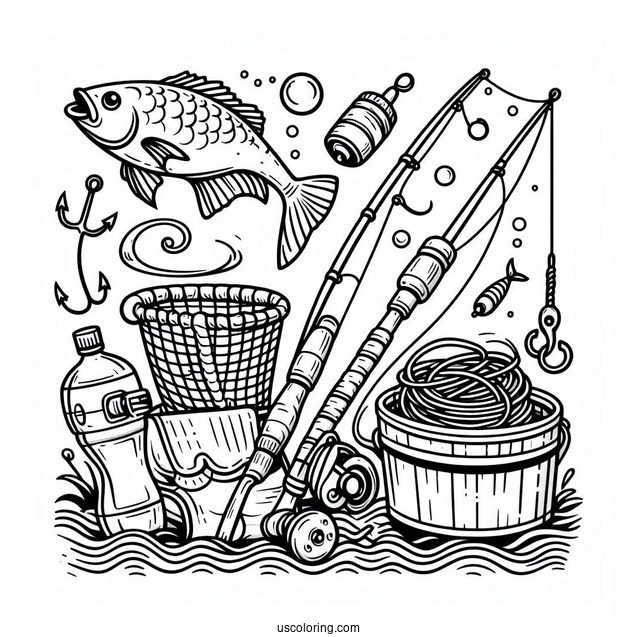 Gone Fishing Coloring Page With Bait, Rods, Nets, And Boat
