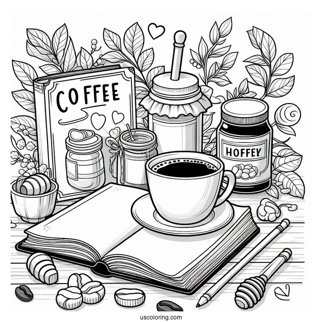 Coffee Coloring Pages Of Cup Next To Honey Jar, Signage, And Open Book