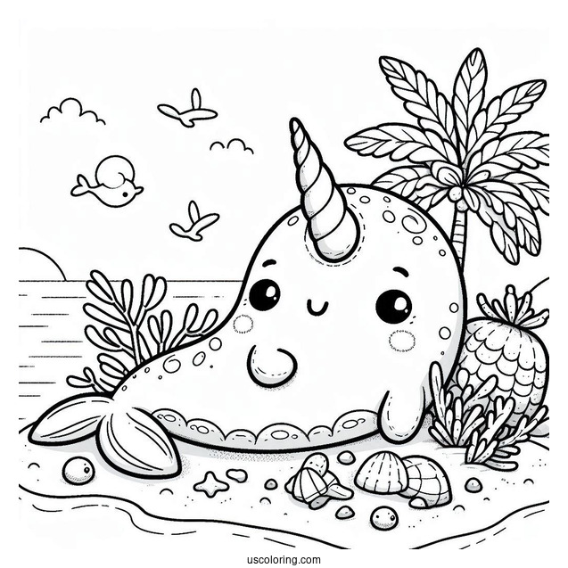 Stitch And A Narwhal Coloring Page Lounging At The Beach