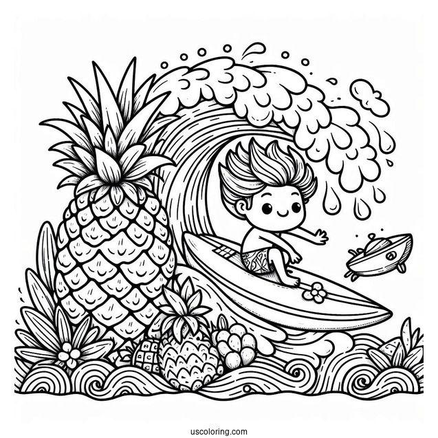 Surfing Pineapple Coloring Page Riding a Giant Wave For Kids